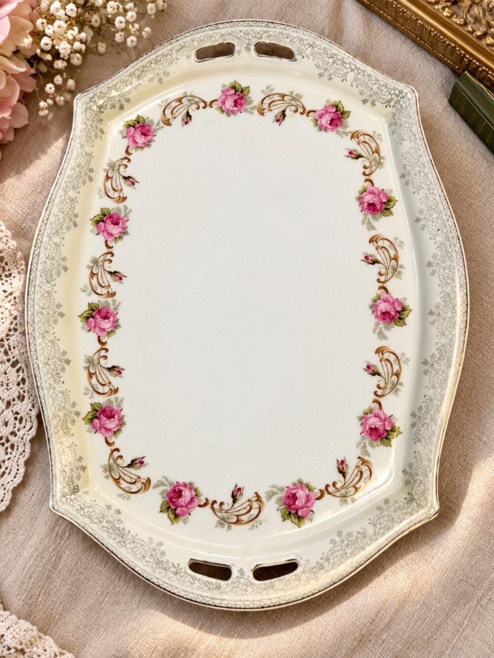Vintage German Porcelain Vanity Tray Pink Roses Gold Scroll Victorian Cottagecor